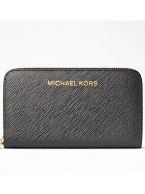 Michael Kors Jet Set Zip Around Wallet Small Saffiano Leather NWT Gold Logo